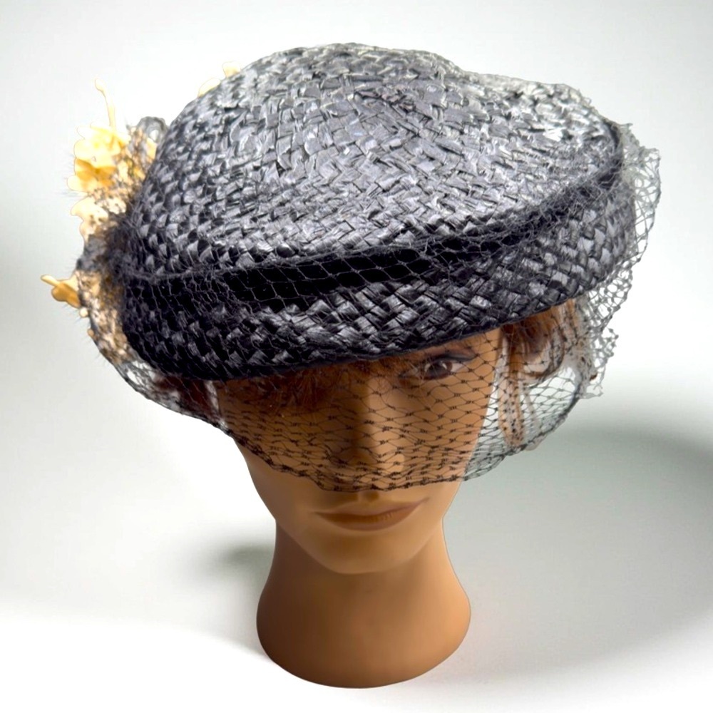Vintage 50’s Black Hat with Veil and Cream Floral Detail